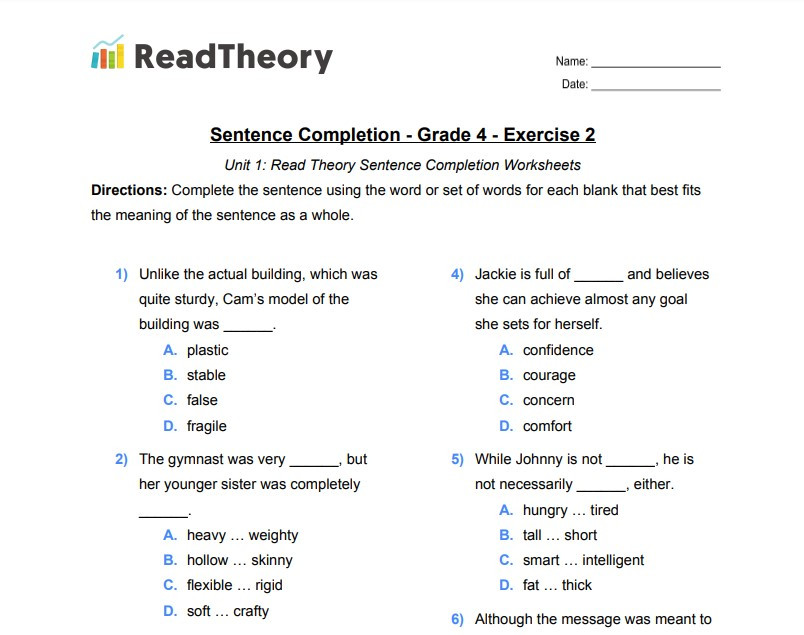 Completing the sentence unit 7 level g